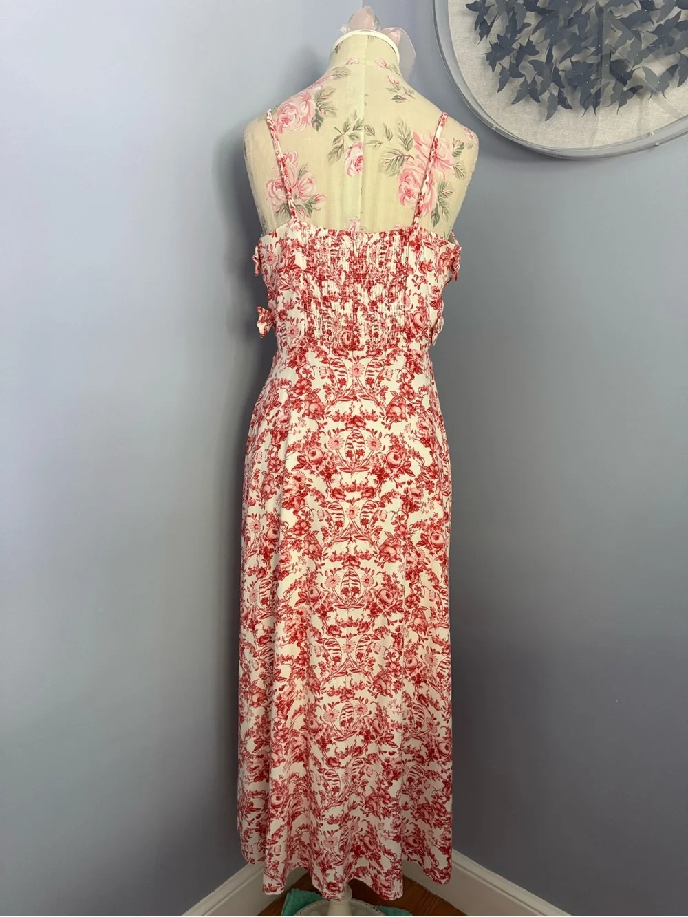 Wayf Red and Cream Floral Print Midi Dress with Cutout and Bow Details